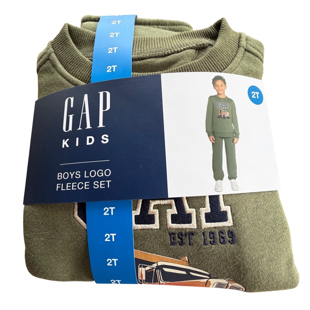 Gap Kids Boys 2T Army Green Fleece Set‎ Dump Truck Logo Sweatshirt Pants 2pc NEW